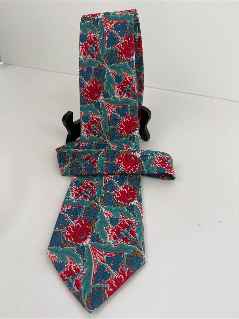 liberty Teal Floral Silk Tie with Red Blooms